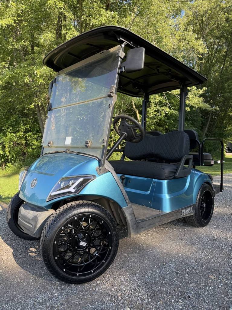 Custom metallic blue 2019 Yamaha Drive2 EFI QuieTech golf cart sold by Rugged Buggies, Byron, MI