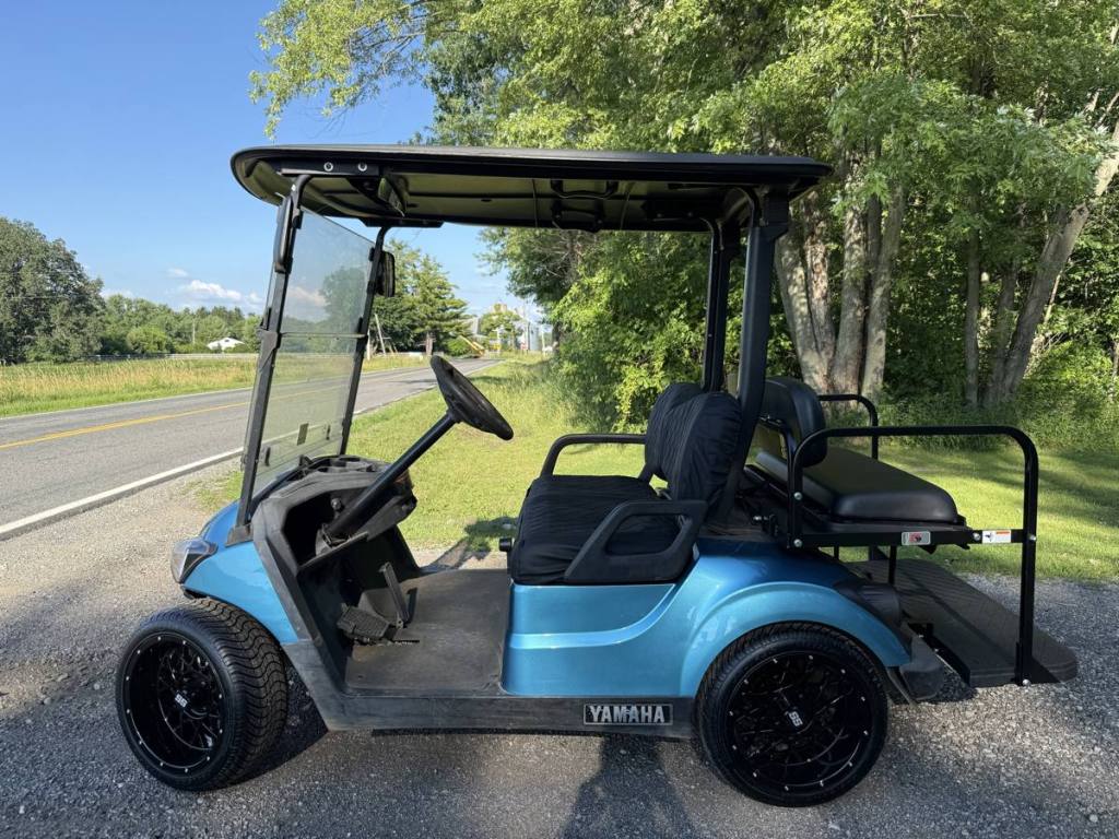 Custom metallic blue 2019 Yamaha Drive2 EFI QuieTech golf cart sold by Rugged Buggies, Byron, MI