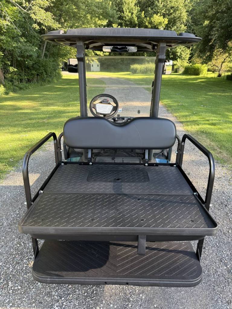 Custom metallic blue 2019 Yamaha Drive2 EFI QuieTech golf cart sold by Rugged Buggies, Byron, MI